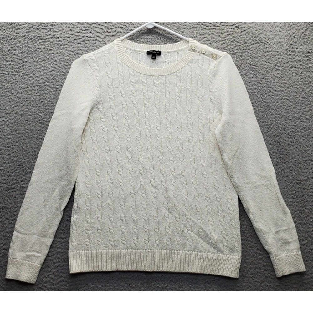 Talbots Sweater Womens S White Cable Knit Long Sleeve Crew Neck Shoulder Button